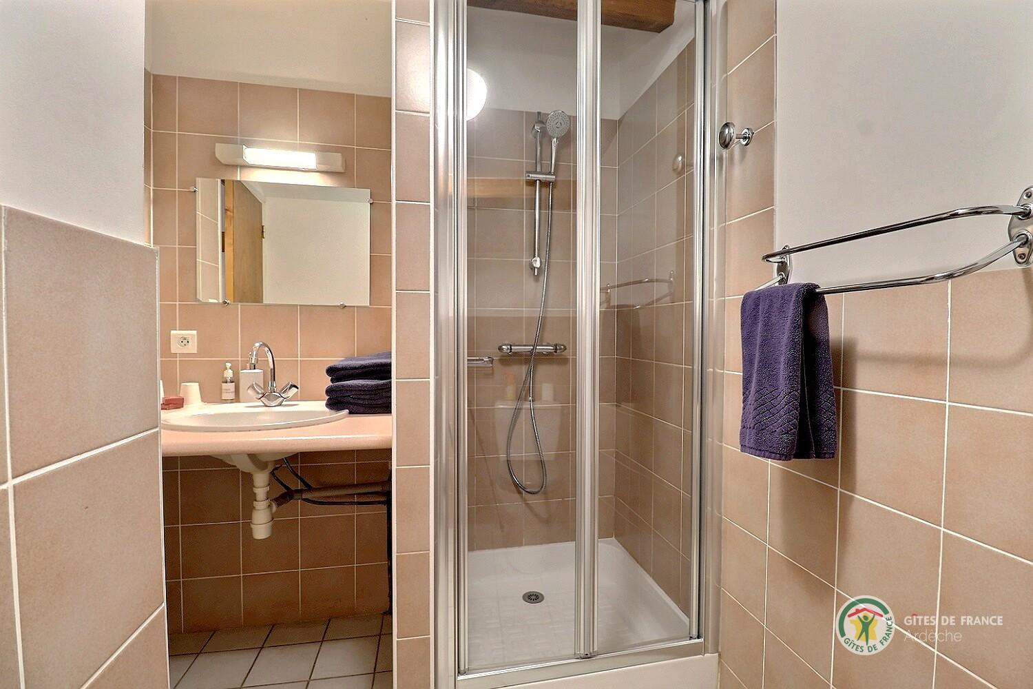 Salle d'eau de la Chambre La Mansarde avec douche, vasque et toilette photo 11